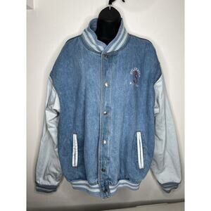 Vintage Tri-Mountain Jacket Blue Denim Varsity Bomber Men’s Size Large